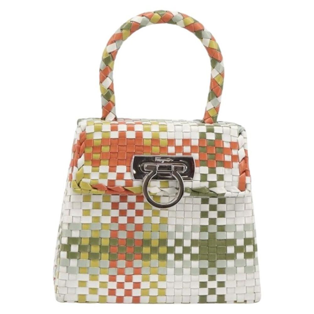 Salvatore Ferragamo Gancini Top Handle Woven Leather Multicolour Leather Handbag